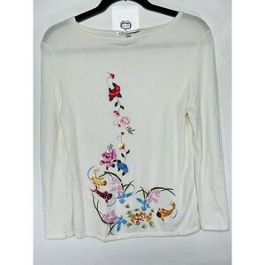 Vintage Belldini Long Sleeve Floral Embroidered Knit Ivory Lightweight Sweater L